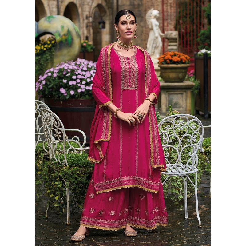 Resham & Sequins Pink Chinnon Party Wear Palazzo Suit