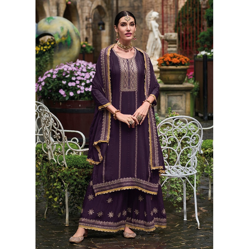 Resham & Sequins Purple Chinnon Party Wear Palazzo Suit