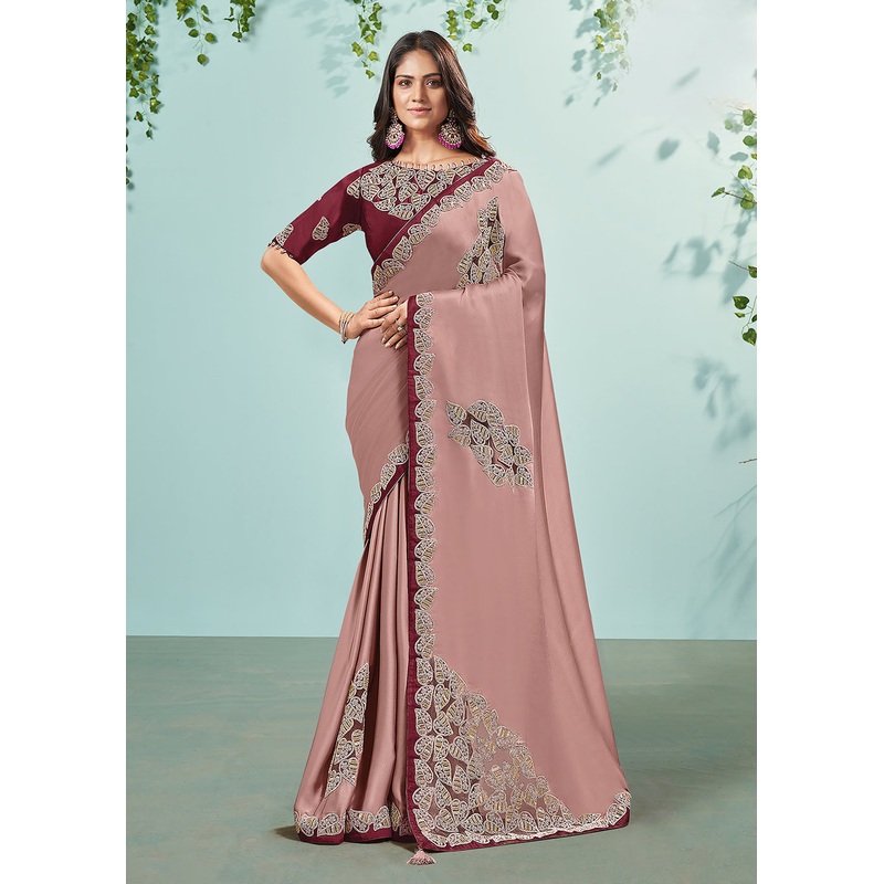 Rose Pink Silk Satin Embroidered Designer Saree