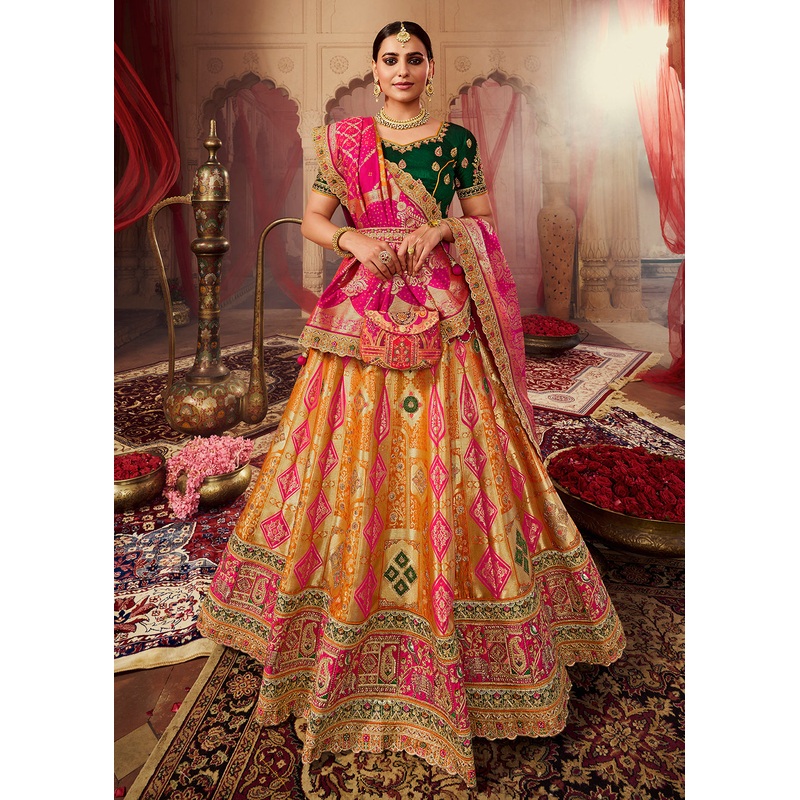 Royal Multicolor Green & Mustard Embroidered Bridal Lehenga Choli