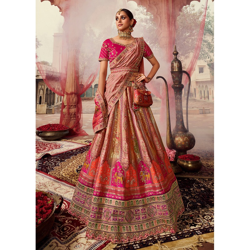 Royal Multicolor Pink & Peach Embroidered Bridal Lehenga Choli