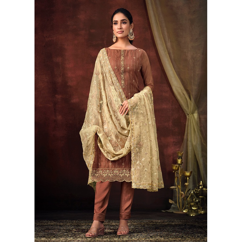 Rust Brown Shimmer Organza Embroidered Wedding Salwar Suit