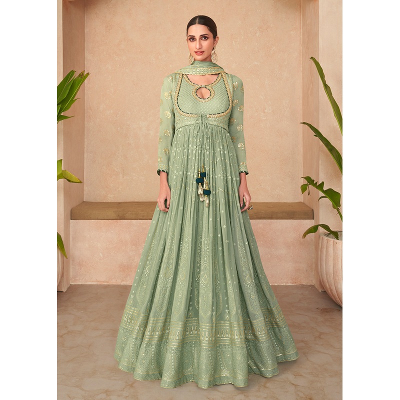 Superb Green Embroidered Real Georgette Wedding Anarkali Suit