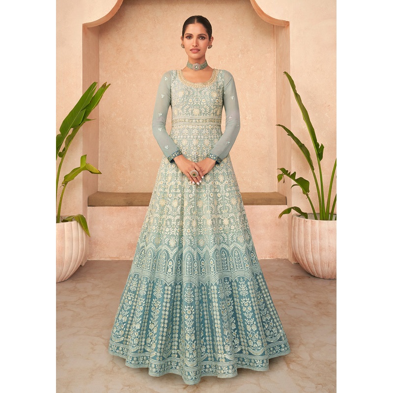 Superb Teal Blue Embroidered Real Georgette Wedding Anarkali Suit