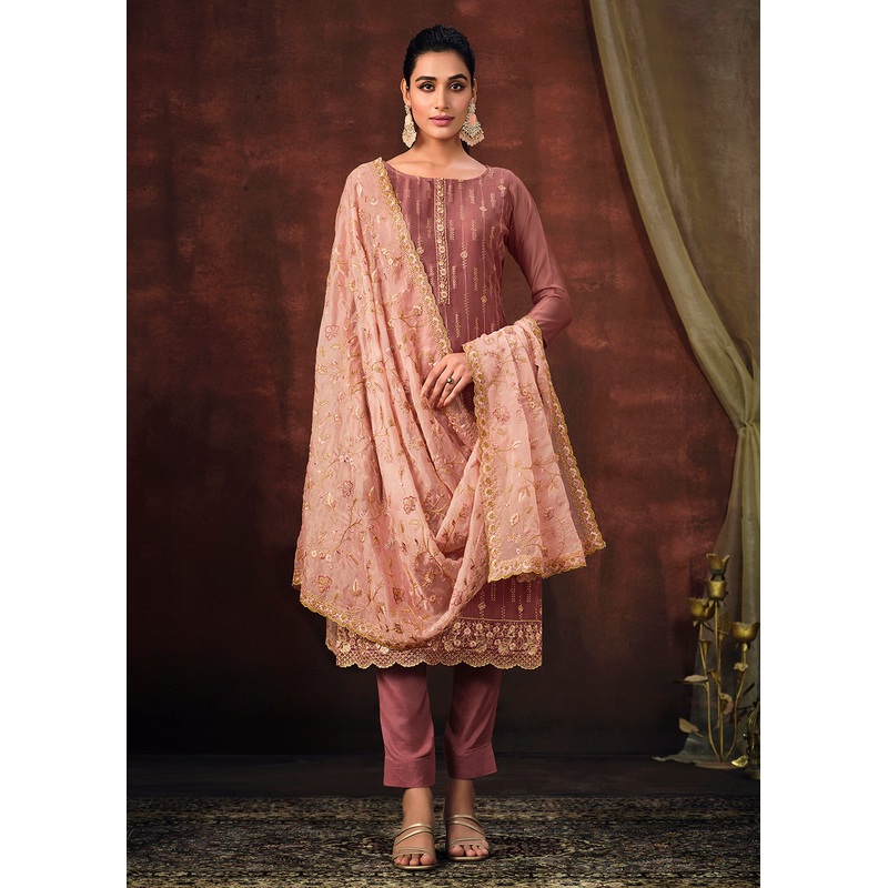 Taupe Mauve Shimmer Organza Embroidered Wedding Salwar Suit