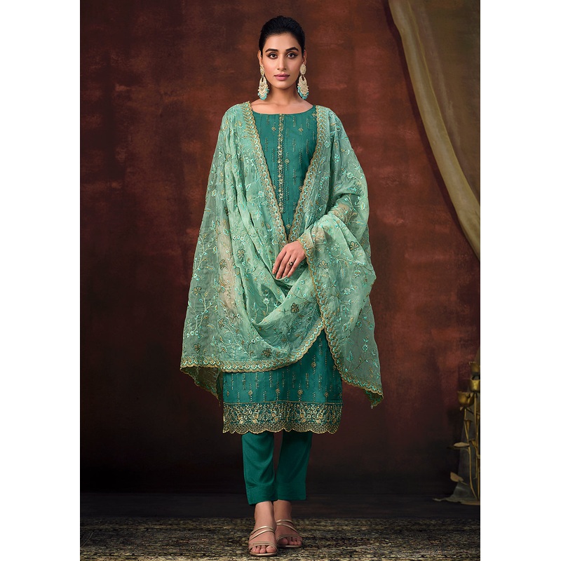 Teal Blue Shimmer Organza Embroidered Wedding Salwar Suit
