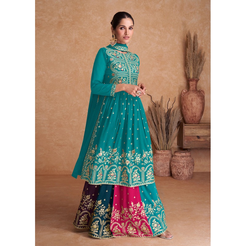 Teal Blue Wedding Embroidered Multicolor Palazzo Suit