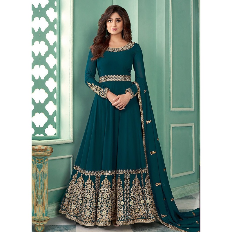 Teal Embroidered Shamita Shetty Georgette Anarkali Suit