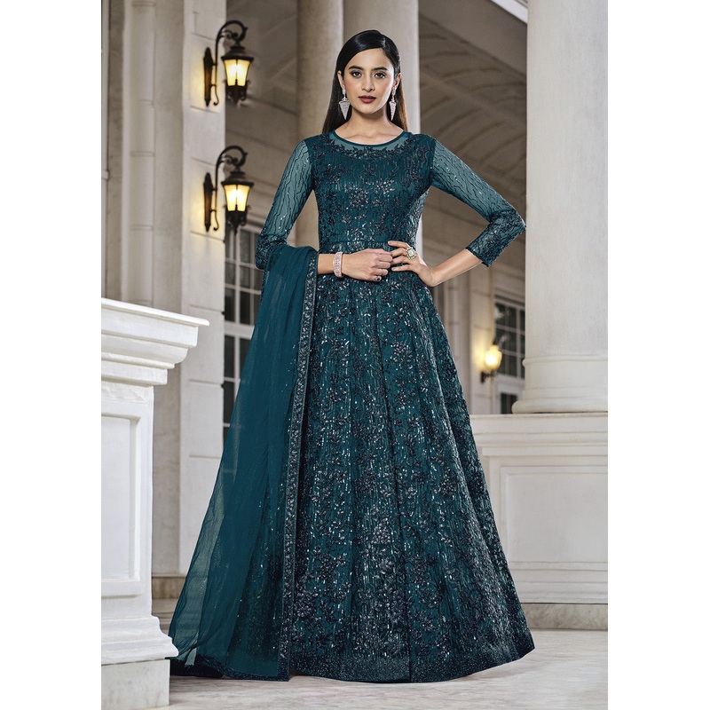 Teal Lehenga/Pant Style Embroidered Designer Anarkali Suit