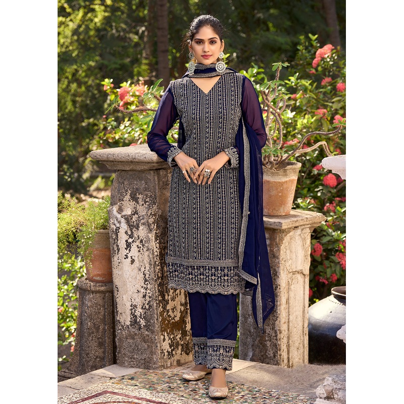 Thread & Sequins Embroidered Blue Pant Style Salwar Suit