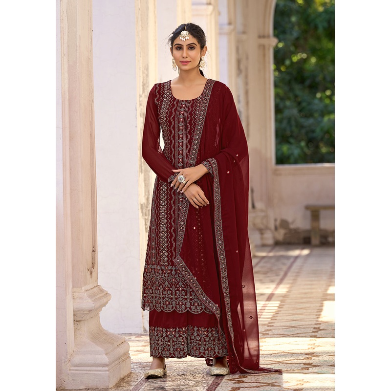 Thread & Sequins Embroidered Maroon Palazzo Salwar Suit