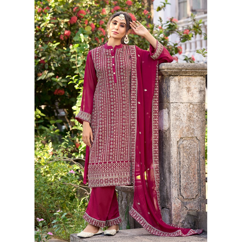 Thread & Sequins Embroidered Pink Pant Style Salwar Suit