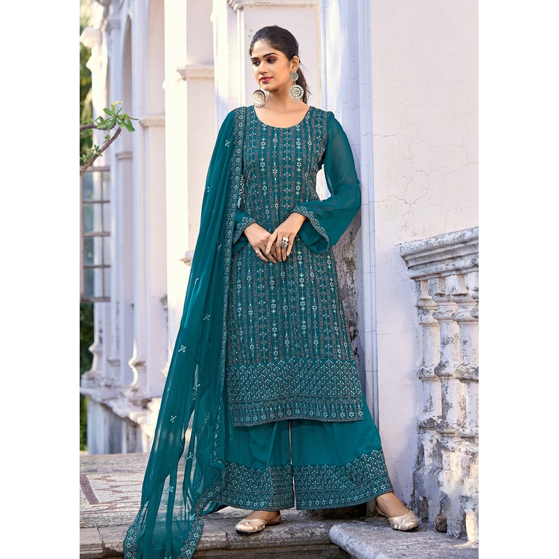 Thread & Sequins Embroidered Teal Palazzo Salwar Suit