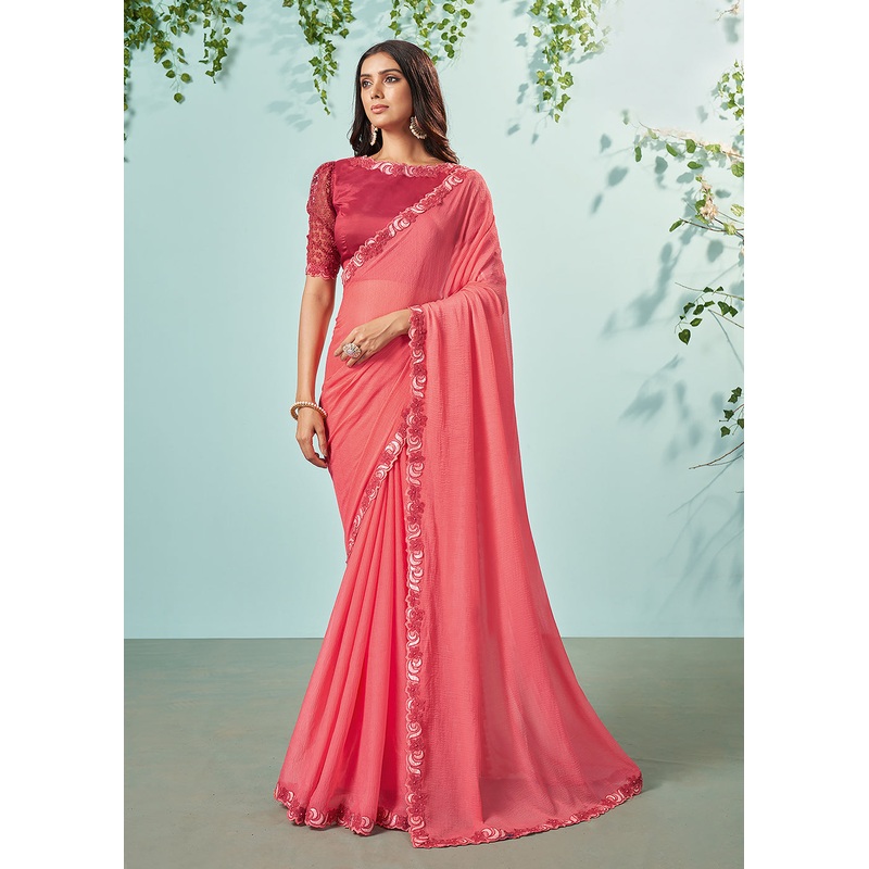 Tomato Red Barberie Chiffon Embroidered Designer Saree
