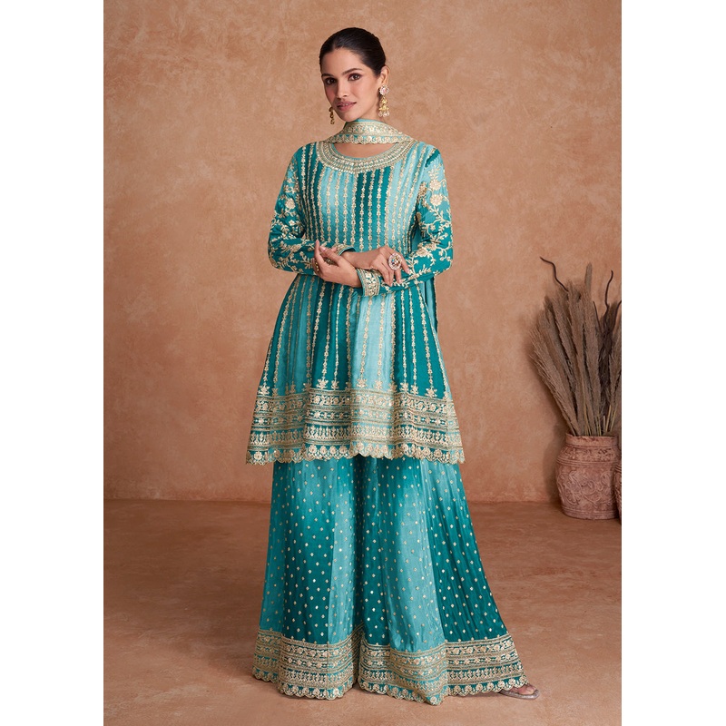 Traditional Aqua Blue Embroidered Wedding & Reception Wear Gharara Suit