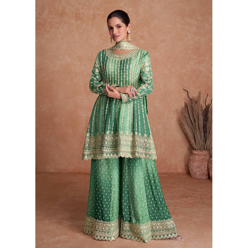 Traditional Green Embroidered Wedding & Reception Wear Gharara Suit