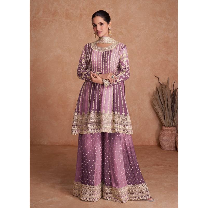 Traditional Purple Embroidered Wedding & Reception Wear Gharara Suit