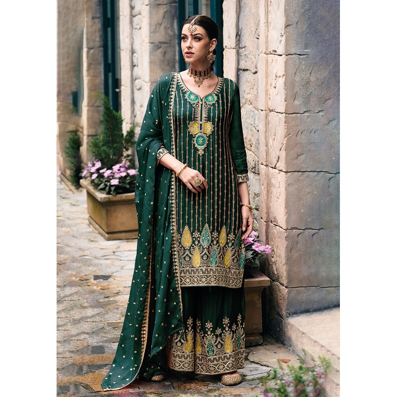 Trendy Heavy Chinnon Green Embroidered Palazzo Suit