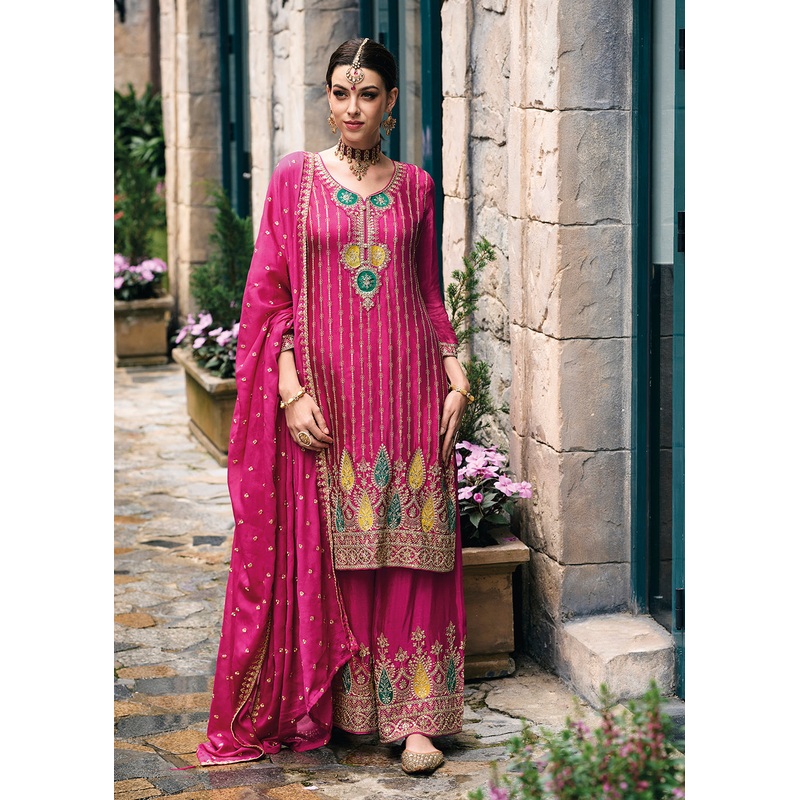 Trendy Heavy Chinnon Pink Embroidered Palazzo Suit