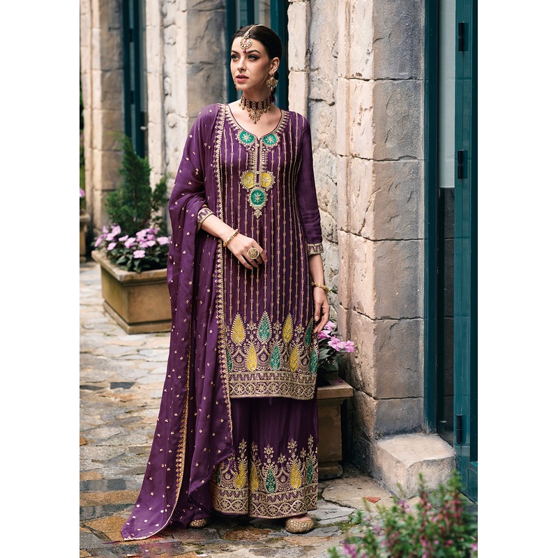 Trendy Heavy Chinnon Purple Embroidered Palazzo Suit
