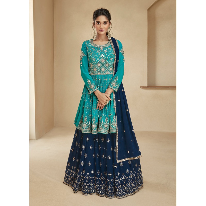 Turquoise & Blue Sharara Top Style Lehenga Anarkali