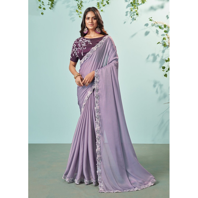 Violet Purple Organza Silk Embroidered Designer Saree