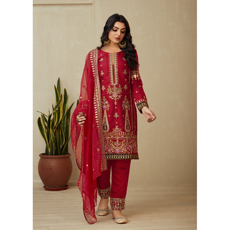 Vivid Red Organza Embroidered Traditional Salwar Kameez