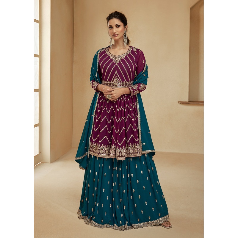 Wine & Teal Sharara Top Style Lehenga Anarkali