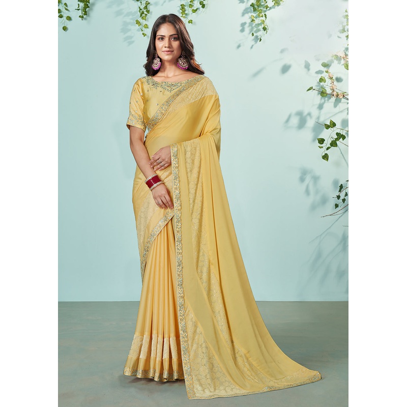 Yellow Georgette Silk Embroidered Designer Saree