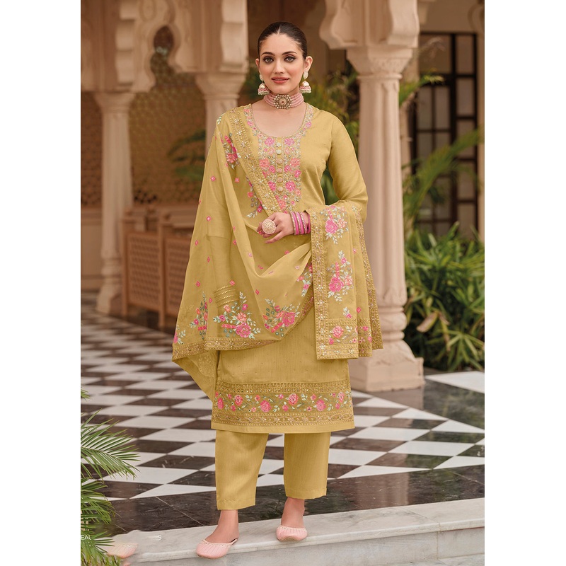 Yellow Maheshwari Silk Embroidered Festive Salwar Suit