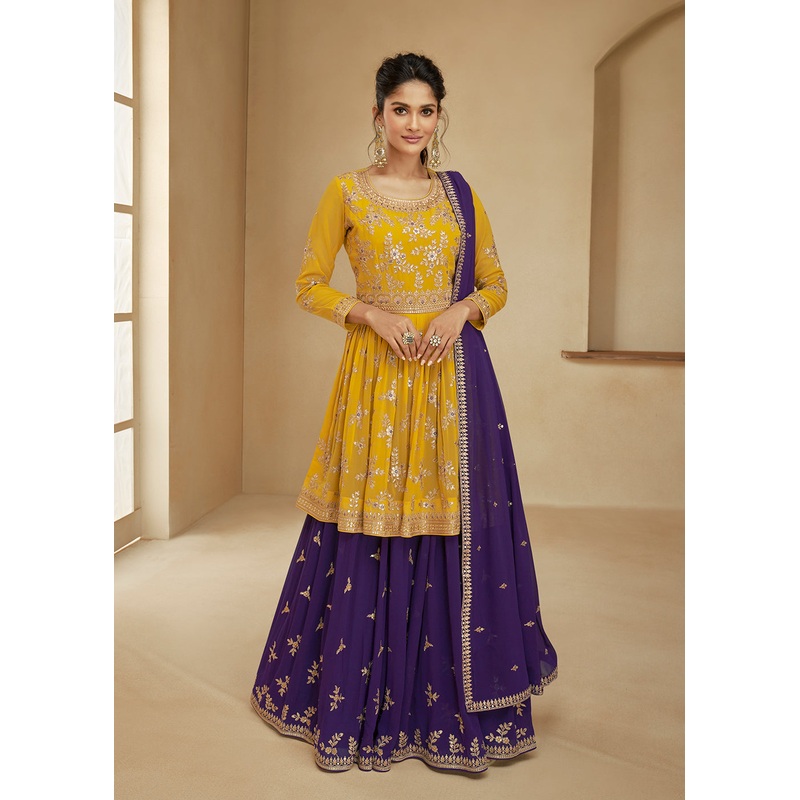 Yellow & Purple Sharara Top Style Lehenga Anarkali