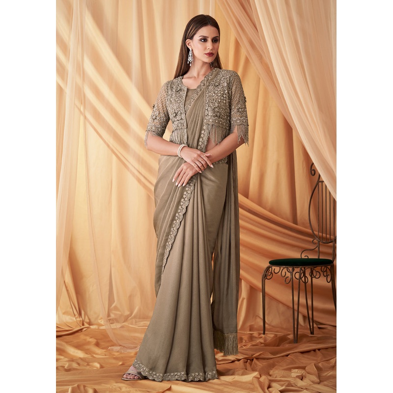 Beige Georgette Silk Embroidered Festive Party Saree
