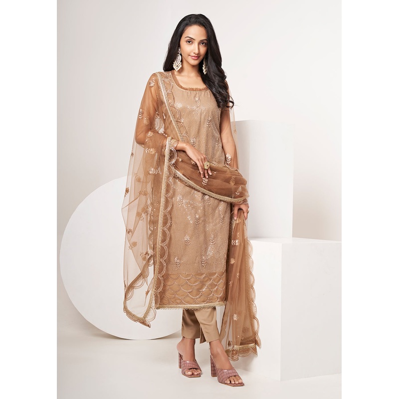 Biscuit Brown Net Embroidered Festive Salwar Suit