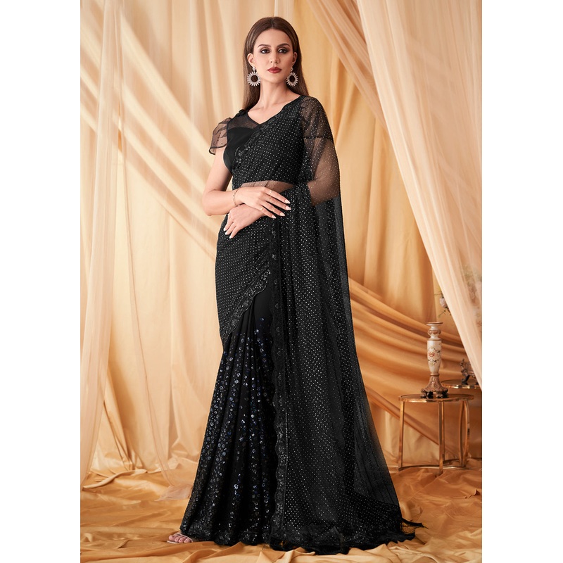 Black Net & Georgette Embroidered Festive Party Saree