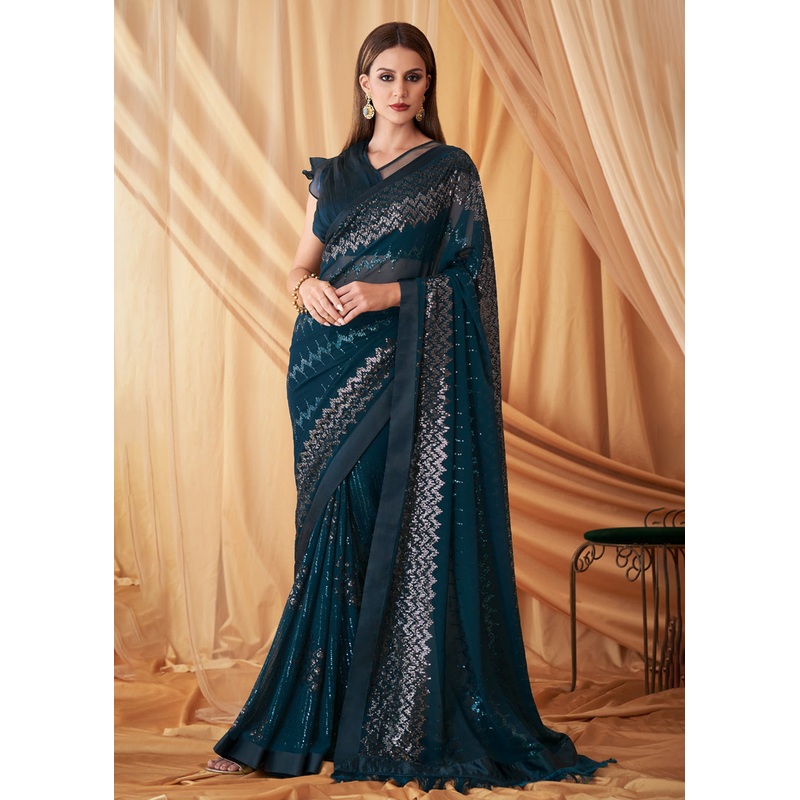 Blue Georgette Silk Embroidered Festive Party Saree