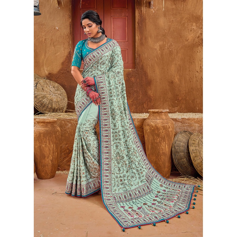 Blue Kachhi & Mirror Work Traditional Banarasi Saree