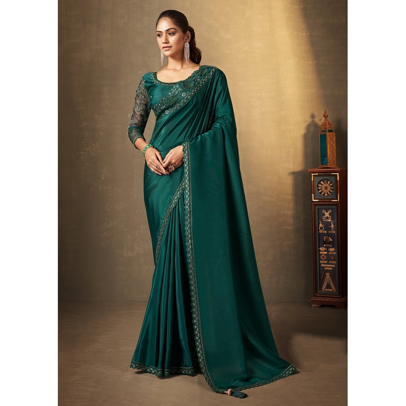 Bottle Green Crepe Stone Embroidered Designer Saree