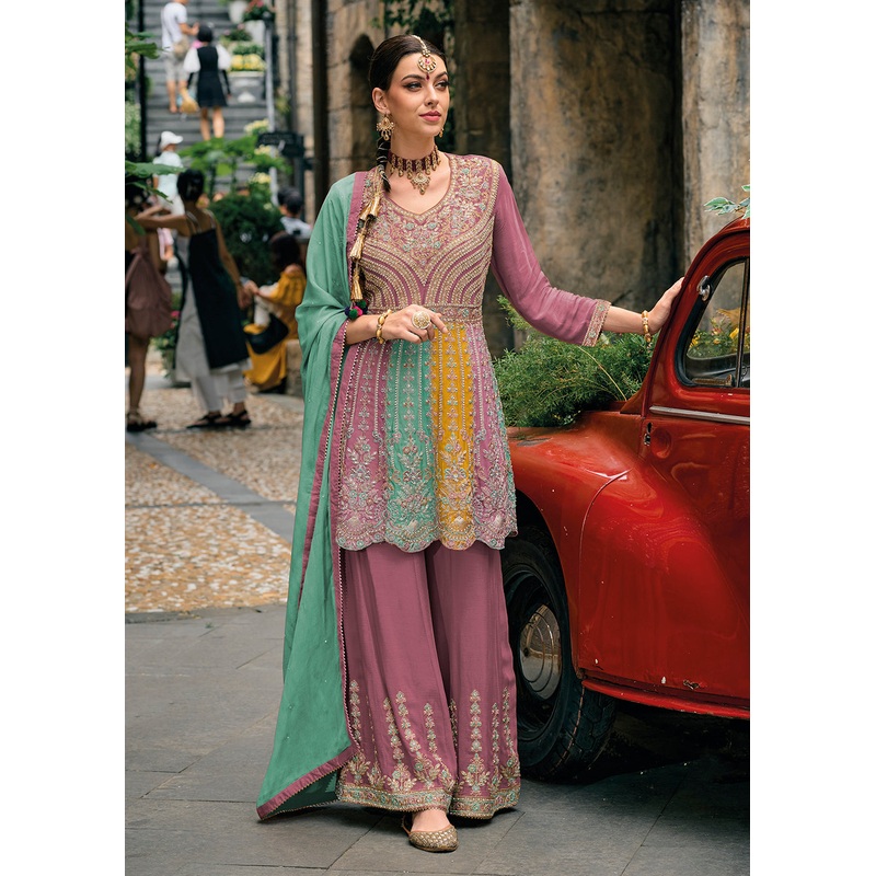 Chinnon Pink Multicolor Embroidered Punjabi Style Palazzo Suit