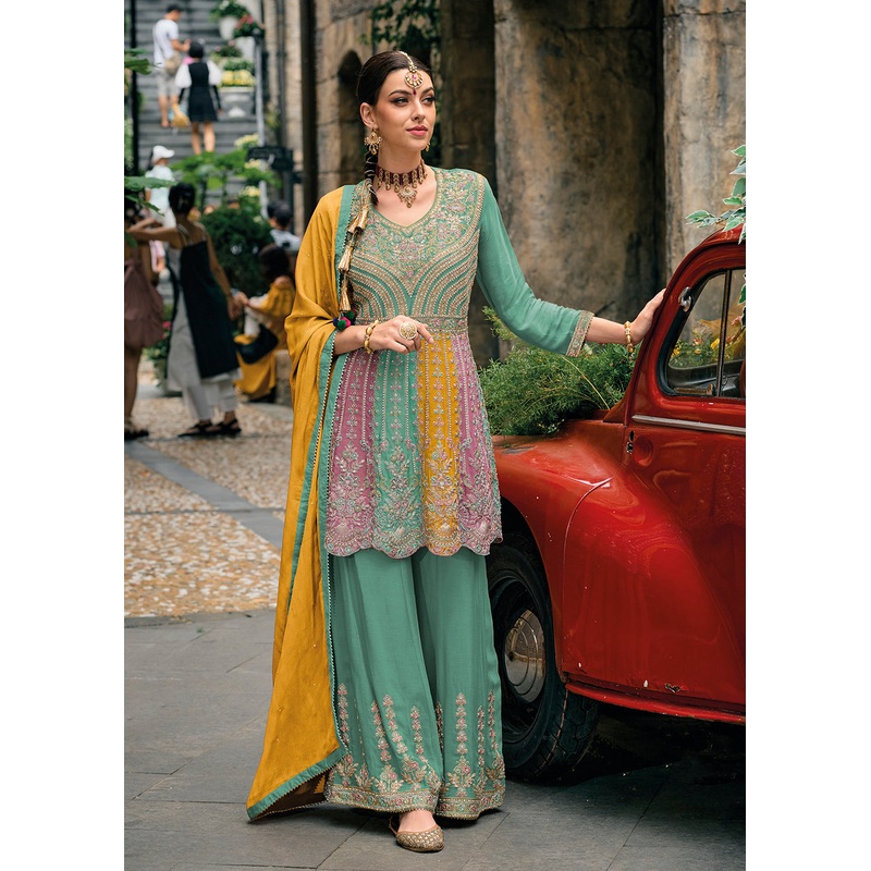 Chinnon Sea Green Multicolor Embroidered Punjabi Style Palazzo Suit