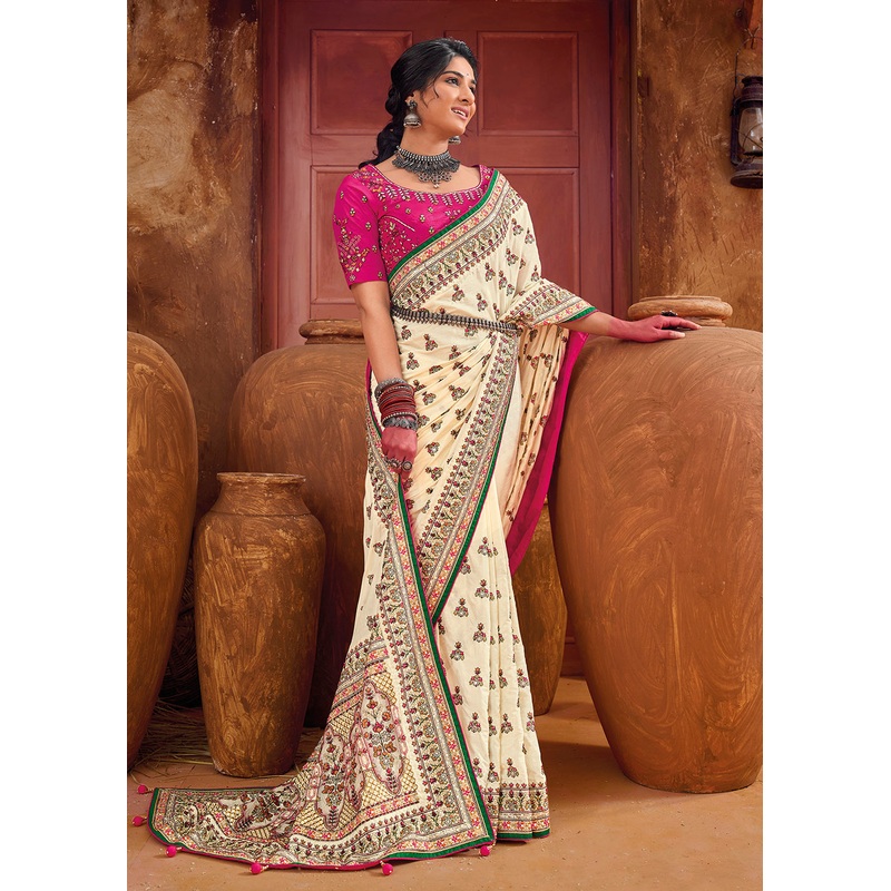 Cream Kachhi & Mirror Work Traditional Banarasi Saree