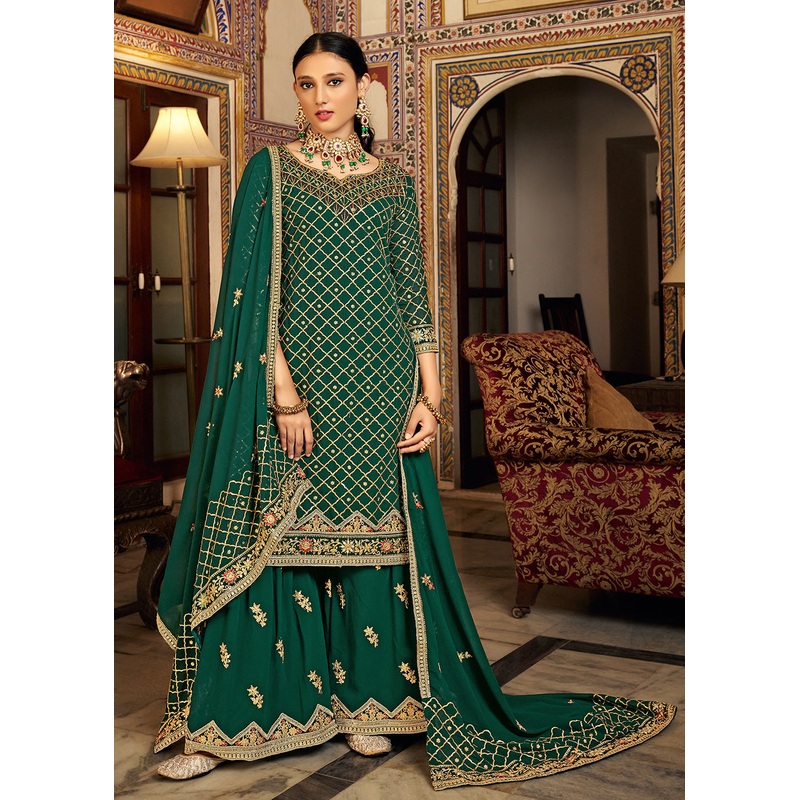 Dark Green Embroidered Designer Festive Palazzo Suit