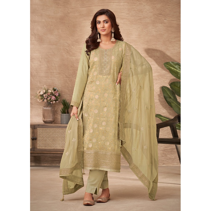 Embroidered Green Viscose Jacquard Pant Style Salwar Suit