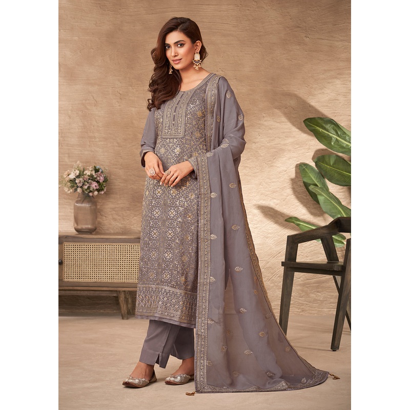 Embroidered Grey Viscose Jacquard Pant Style Salwar Suit
