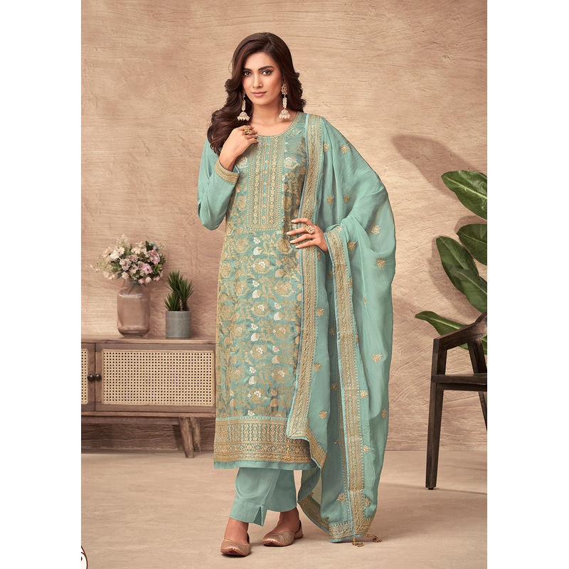 Embroidered Mint Blue Viscose Jacquard Pant Style Salwar Suit