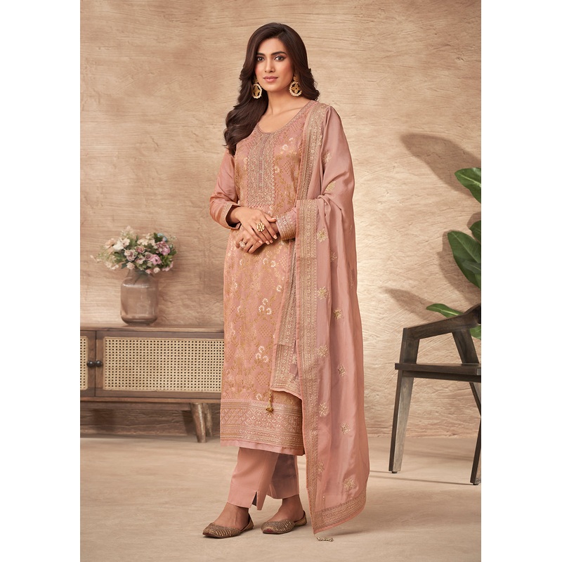 Embroidered Peach Viscose Jacquard Pant Style Salwar Suit