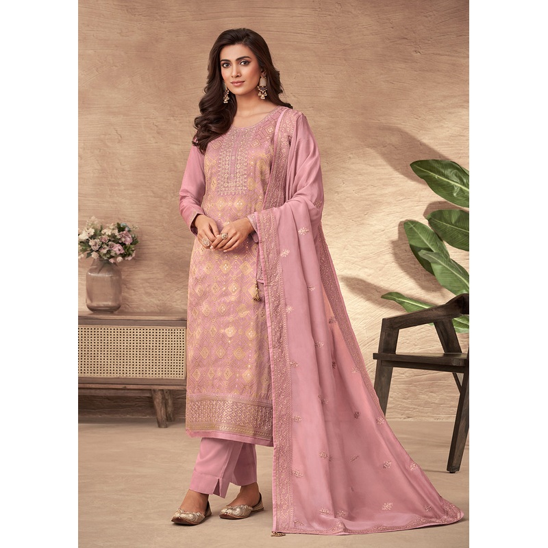 Embroidered Pink Viscose Jacquard Pant Style Salwar Suit