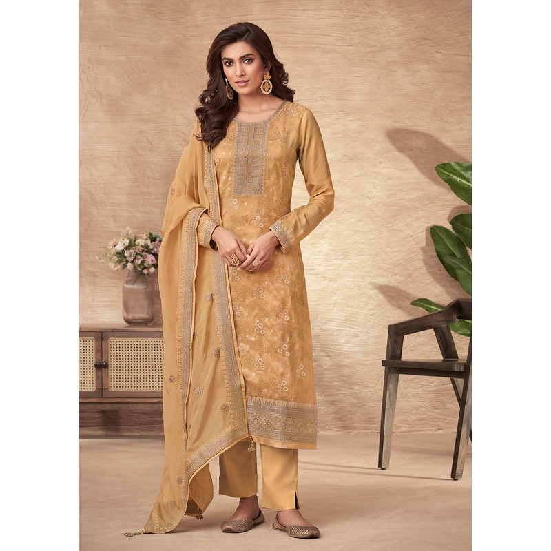 Embroidered Yellow Viscose Jacquard Pant Style Salwar Suit