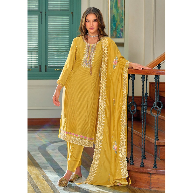 Exquisite Yellow Premium Silk Festive Wear Salwar Suit