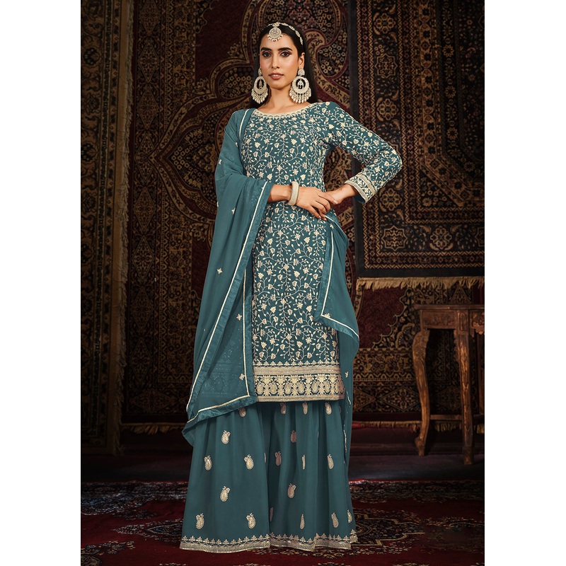 Festive Dusty Teal Color Faux Georgette Palazzo Salwar Suit