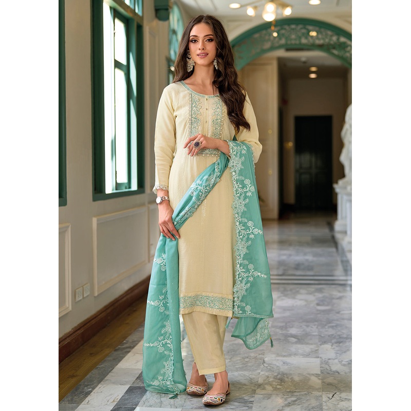 Festive Organza Cream Embroidered Salwar Kameez